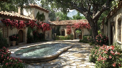 Courtyard Garden with Fountain and Flowering Vines on Building Exterior