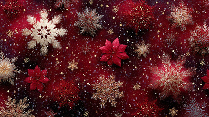 Christmas background festive christmas snowflakes and glitter sparkle on red background