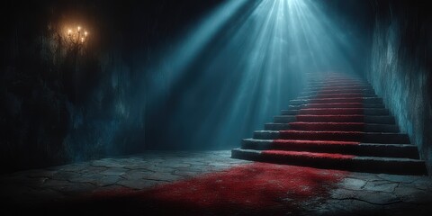 Mysterious staircase illuminated by dramatic lighting with a red carpet in a dimly lit setting
