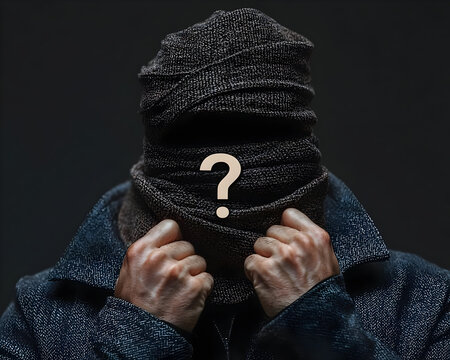 A person's head is covered by a dark cloth, hands holding the fabric. A question mark is superimposed