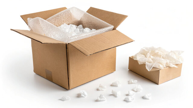 Partially opened cardboard box reveals packing material inside, showcasing neat arrangement of protective cushioning. scene conveys sense of anticipation and care in packaging