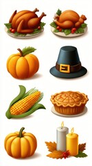 Thanksgiving feast elements including turkeys, pumpkins, corn, pie, and decorations for a joyful celebration
