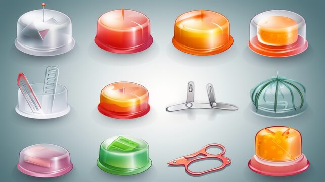 A set of colorful plastic containers with various shapes and sizes. The containers are arranged in a grid, with some overlapping each other. Scene is playful and whimsical