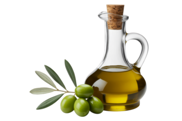 Green olives and golden oil in glass decanter olive oil