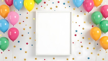 Blank frame surrounded by colorful balloons and festive confetti stars