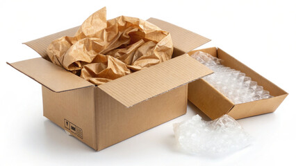 Partially opened cardboard box reveals crumpled packing material and bubble wrap, showcasing careful preparation for shipping or storage. scene conveys sense of organization and protection