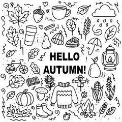 Autumn season doodle illustration with sweater, pumpkin, leaves, fire, pie, and acorn, cozy fall collection with handwritten hello autumn text