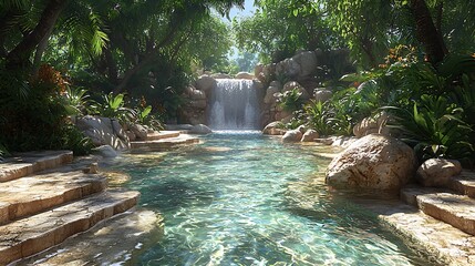 Waterfall Flowing Into Clear Pool Surrounded by Lush Greenery