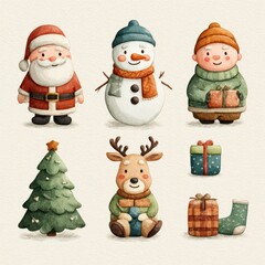 Charming winter holiday characters including Santa, snowman, reindeer, and festive decorations in playful colors