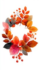 Autumn wreath with colorful leaves and berries created with watercolor technique for seasonal decoration