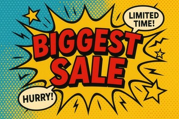 Pop art style sale advertisement with bold red text "BIGGEST SALE" on a vibrant yellow and blue comic book background, featuring speech bubbles with "LIMITED TIME!" and "HURRY!".