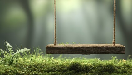 Rustic wooden swing in a mossy forest