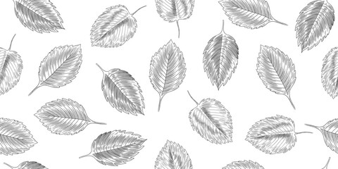 Seamless pattern with sketch style leaves. Black and white texture with hand drawn strawberry leaves isolated on white background