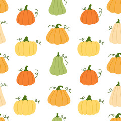 Seamless vector pattern with pumpkins in orange, yellow, green and cream colors, perfect for fall designs, Thanksgiving decor, wrapping paper and fabric prints.