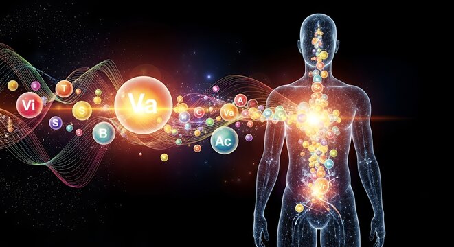 An abstract animation of stylized nutrients nourishing a conceptual human silhouette.