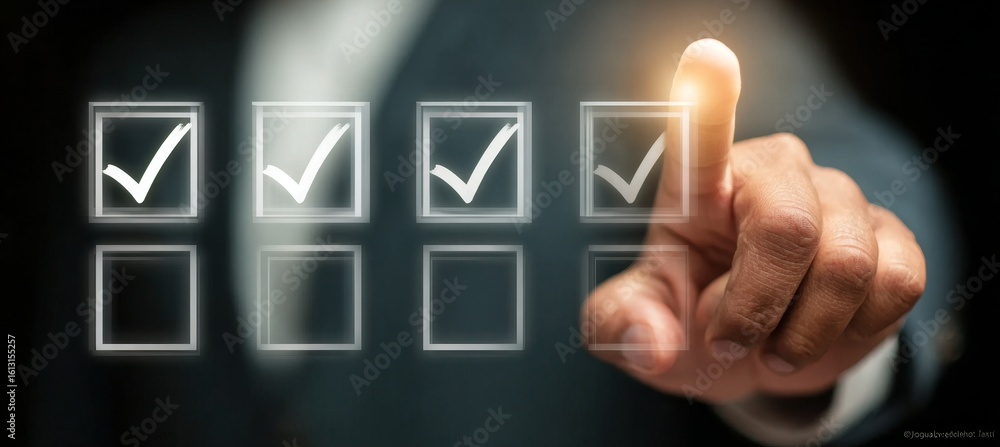 Poster professional in suit engaged with digital task completion interface featuring workflow checkmarks