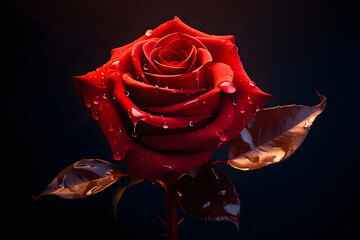 Single red rose with water droplets on pitch black background
