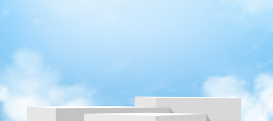 Blue sky background with 3d white podium platfrom for product display,Summer sky with abstract mock up stand for cosmetic banner,Vector horizon nature clouds and spring sky
