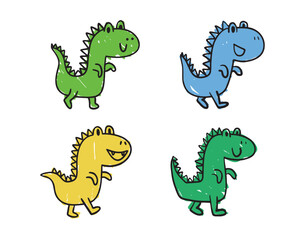 Obraz premium Funny green doodle hand drawn cartoon cute dinosaur set. Baby art, dinosaur with smile character