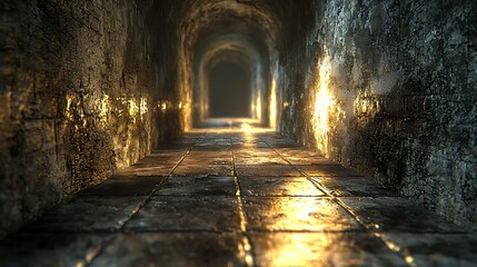 Dimly Lit Stone Tunnel with Light Reflections on Wet Floor