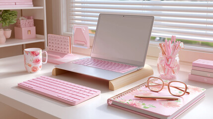 A cozy and aesthetically pleasing workspace in soft pink and white hues. A silver laptop , A pink wireless keyboard, and light pink-framed glasses are neatly arranged on a floral-patterned notepad.