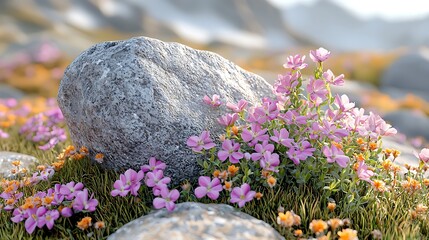 Blooming Wildflowers and Granite Rocks in Mountain Meadow