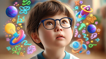 A curious young child with dark-rimmed glasses looking up intently at an out-of-frame object, with whimsical, colorful of space, stars, planets, scientific symbols, and a rocket ship,imagination .