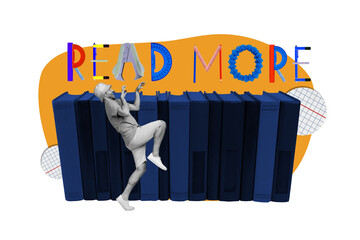 Photo collage template of funny young student man steps sneaky playful read more books do homework...