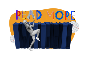 Photo collage template of funny young student man steps sneaky playful read more books do homework isolated on orange color background