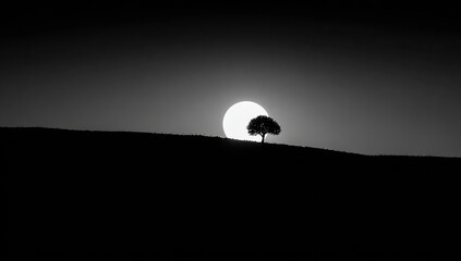 Silhouette of lone tree on hilltop at sunrise/sunset