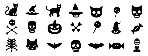 Halloween icons with cats, candies and skeletons. Filled vectors with cute and creepy faces