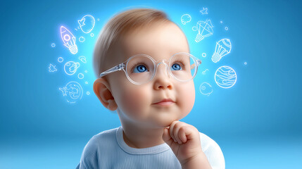 A curious young child with dark-rimmed glasses looking up intently at an out-of-frame object, with whimsical, colorful of space, stars, planets, scientific symbols, and a rocket ship,imagination .
