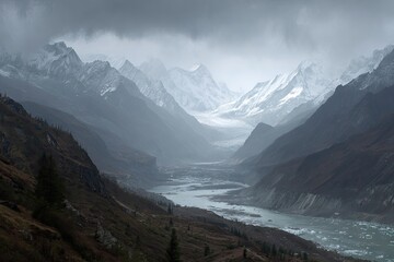 Mountain valley with glacier river, overcast sky