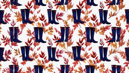  seamless watercolor pattern autumn leaves and rubber boots