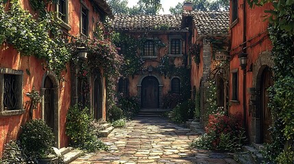 Walking Down a Picturesque European Alleyway with Stone Buildings