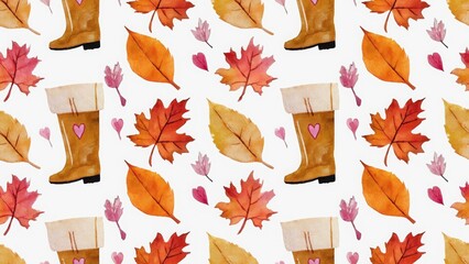 seamless watercolor pattern autumn leaves and rubber boots