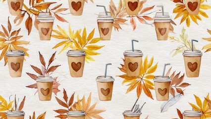 Seamless watercolor pattern with autumn leaf and coffee cup