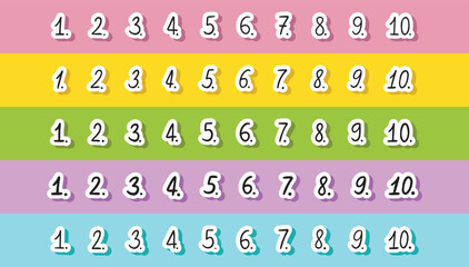 Colorful doodle number stickers checklist numbering. Cute list hand written numbers with dots. numbers font set isolated on white background.