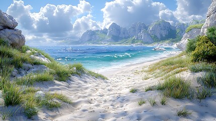 Sandy Beach with Turquoise Ocean and Coastal Mountains