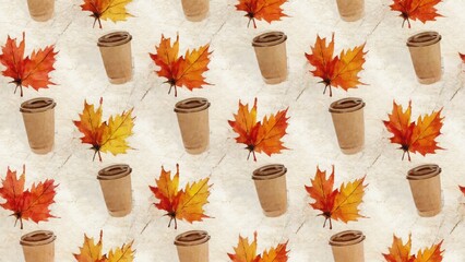 Seamless watercolor pattern with autumn leaf and coffee cup