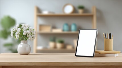 Creative workspace setup featuring tablet modern home office digital display minimalistic design cozy atmosphere