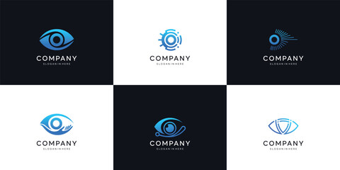 Eye tech logo design collection, cyber symbol. lens aperture positions. Retina scan eye icons , Simple, science, silhouette, vector template
