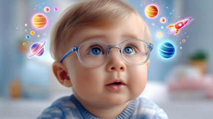 A curious young child with dark-rimmed glasses looking up intently at an out-of-frame object, with whimsical, colorful of space, stars, planets, scientific symbols, and a rocket ship,imagination .