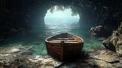 Old Rowboat Docked Near Cave Entrance with Turquoise Water