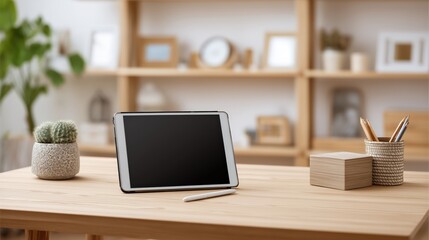 Stylish workspace setup with tablet and stationery cozy home office digital minimalism bright environment close-up view