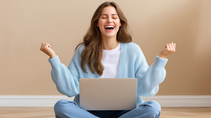 A young woman with long brown hair. She is holding a closed silver laptop on her lap,in a joyful expression, and both arms raised with clenched fists, conveying excitement and success. 
