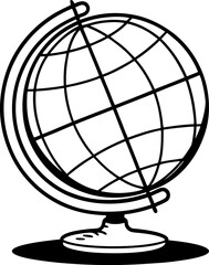 Black and white globe illustration simple hand drawn world map sketch on stand, educational geography concept