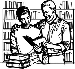Young black boy reading a book with older man in library setting  