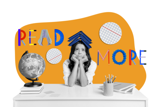 Artwork magazine collage picture of tired small girl need red more prepare homework isolated drawing background