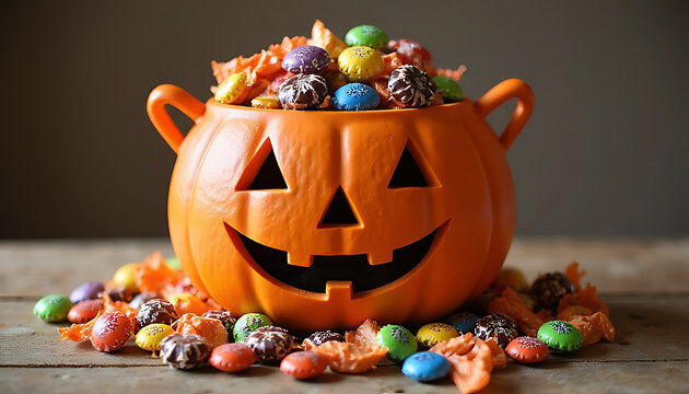 Orange jack o lantern bucket filled with colorful halloween candy on a wooden surface